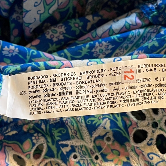 Zara Blue Floral Smocked Maxi Dress Tiered Boho Sundress Pom Poms Lace Medium - Picture 9 of 9